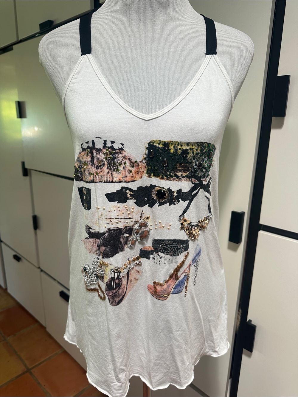 White Graphic Embellished V-Neck Tank Top
